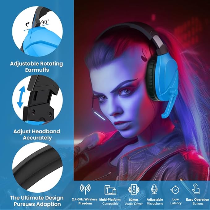 Wireless Gaming Headset with Noise Canceling Microphone for PS5, PC, PS4, 2.4G/Bluetooth Gaming Headphones with USB and Type-c Connector, Wired Mode for Controller - Blue