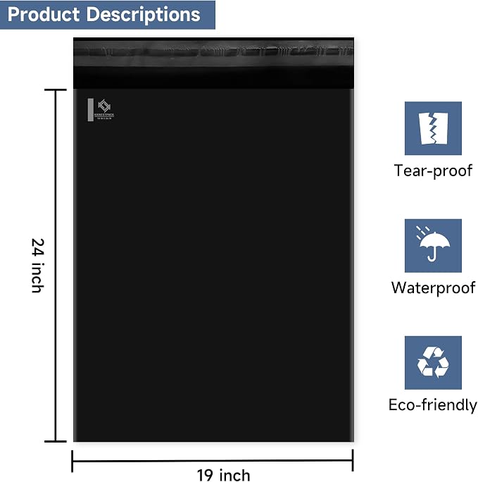 Black Poly Mailers 19x24 in, Large Shipping Bags, 250 Pcs | Large mailing bags for shipping clothes and shipping envelopes for packing shirts, hoodies, and apparel.