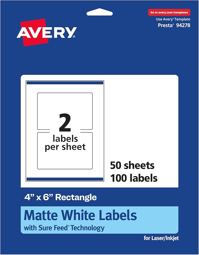 Avery Matte White Rectangle Labels, Sure Feed Technology, 4" x 6", 100 White Labels, Print-to-The-Edge, Permanent Adhesive, Laser/Inkjet Printable