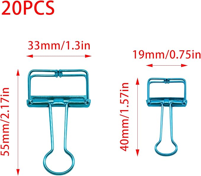 20 Pcs Hollow Out Long Tail Wire Binder Clips, 10 Medium + 10 Small | Blue, Assorted Sizes, Hollow Binder Clamps, Paper Binder Clips for Office School Supplies