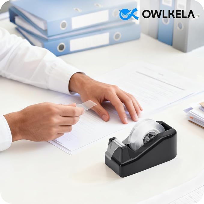 OWLKELA Lightweight Desktop Tape Dispenser, Black, 1 Pack | Non-Skid Base, with 8Pcs Transparent Tape, Ideal for Office, Home and School
