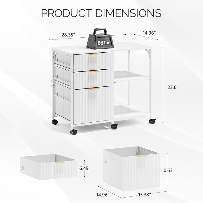 VINGLI 3 Drawer Mobile File Cabinet Printer Stand, Fluted Filing Cabinet with Open Storage Shelves Adjustable, Rolling Lateral Fabric Filing Cabinet for Home Office, Fits Letter Size, White
