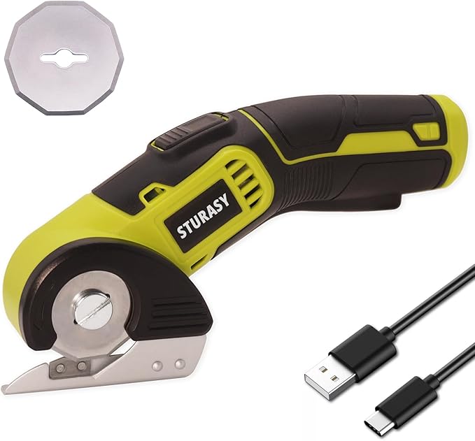 Cordless Electric Scissors, Power Cardboard Cutter with Safety Lock, 4V 2000mAh Electric Box Cutter for Cardboard, Fabric, Carpet, Leather, Paper, Plastic, Packages, Green Rotary Cutter