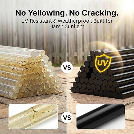 Black Hot Glue Sticks, Mini Size 0.27” x 4", 48-Pack | True Black, UV-resistant adhesive refill, light-blocking resin, zero stringing for 3D prints, electronics, outdoor repairs.