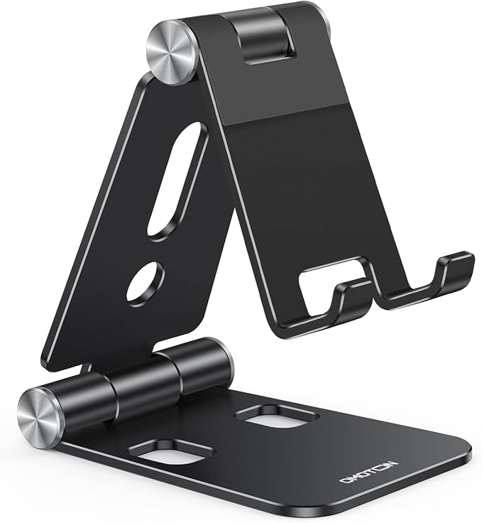 OMOTON Foldable Cell Phone Stand, C4 Portable Aluminum Phone Holder | Adjustable Phone Dock Cradle Compatible with iPhone 17/16/15 Pro Max, Samsung Galaxy, Small Tablets and Other Phones, Black