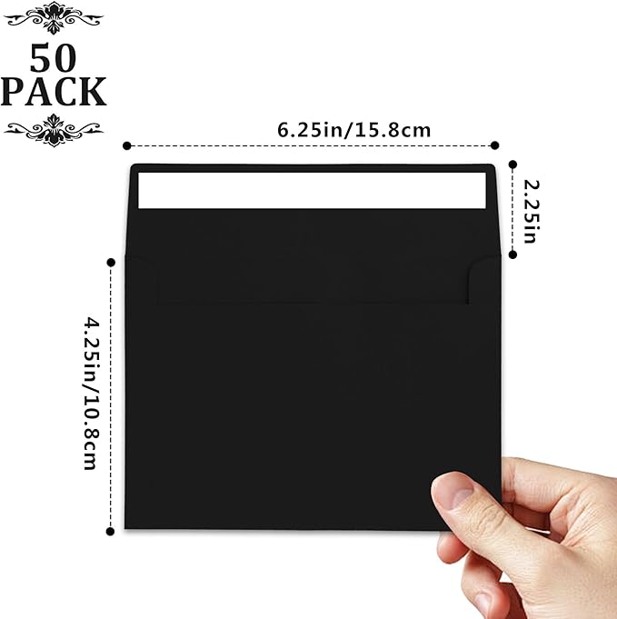 50pcs packed black Envelopes,A4Envelopes, printable invitation envelopes,4x6 envelopes, suitable for weddings, invitations, photos, postcards, greeting cards, mailings