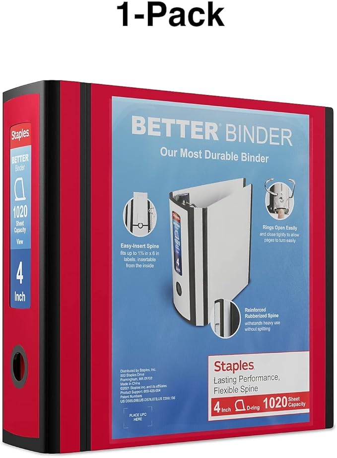 Staples Better Binder, 4" D‑Ring 3‑Ring View Binder, Red, Reinforced Spine, High‑Capacity Binder for School, Office & Home Use