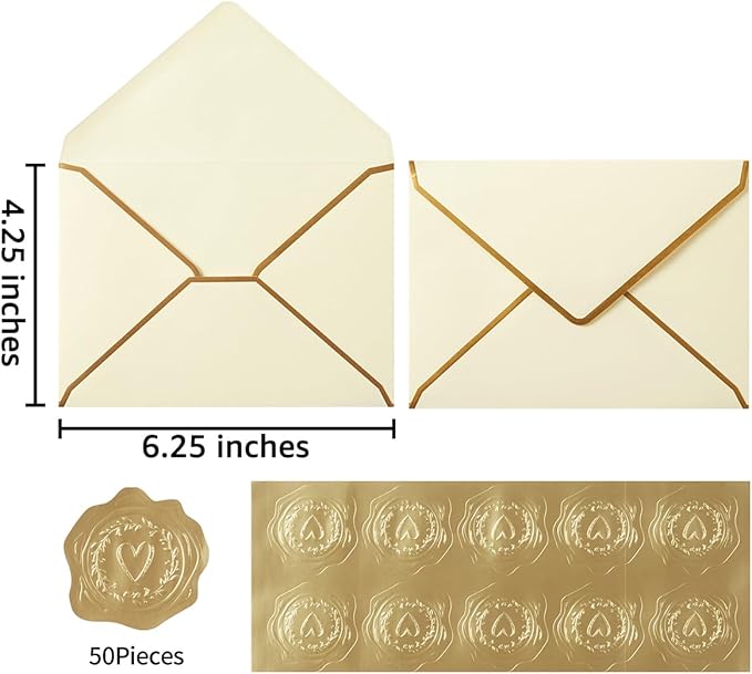 50 Pieces A4 Envelopes with Gold Border, 4.25 x 6.25 Inches Envelopes with Gold Stickers for Greeting Cards and Invitation (Cream Color, A4-4x6)