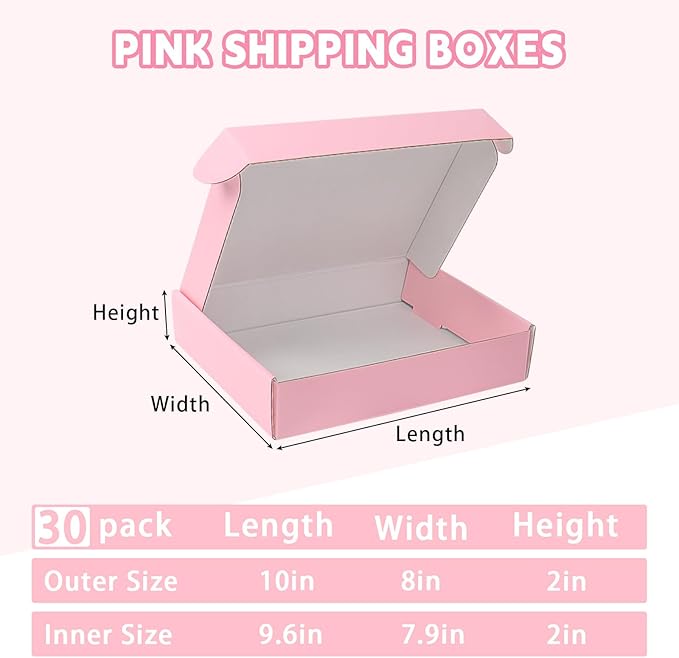 10x8x2 Pink Shipping Boxes 30 Pack, Mailing Boxes for Small Business, Corrugated Cardboard Literature Mailers
