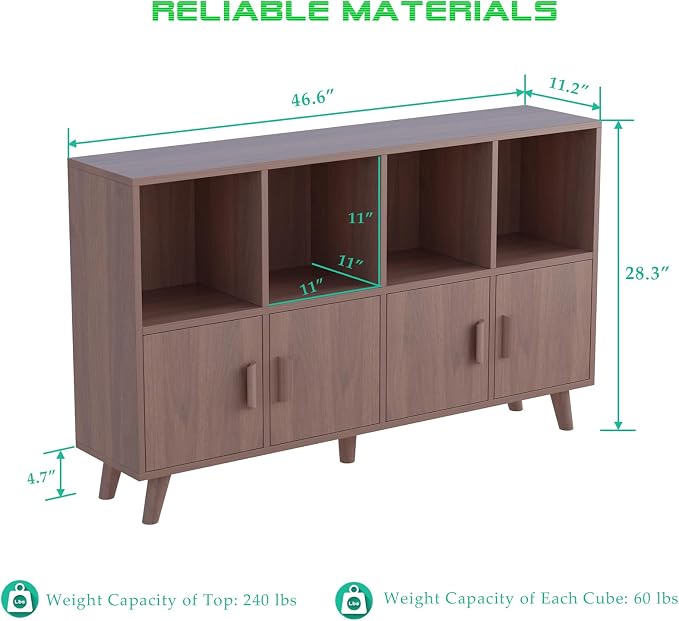 8-Cube Bookcase with Doors, 2-Tier Low Storage Cabient, Walnut | Solid Wood Legs and Door Handles, Cubby Shelf with 4 Doors, Fits 11×11" Bins for Home & Office
