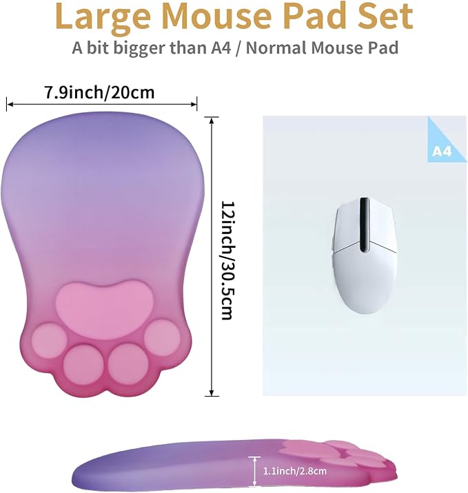 L-SPOUTTO Ergonomic Mouse Pad with Wrist Rest,Pink Mouse Pad Wrist Support | Cute Cat Paw Comfortable Massage Design,Computer Pain Relief Mousepad with Non-Slip Base for Desk Laptop Gaming,Pink&Purple