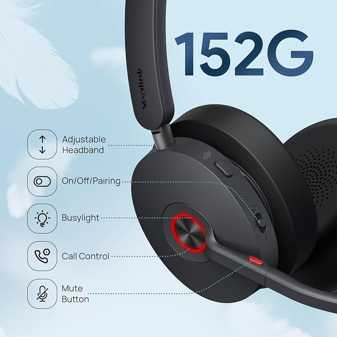 Yealink BH74 AI ANC Wireless Headset with Mic for Work with Charging Dock | 6 Hybrid ANC Mic Clear Call,Bluetooth Headset for Open Office Hybrid Work,Flip to Mute&32H Battery Life,UC Compatible,USB C/A