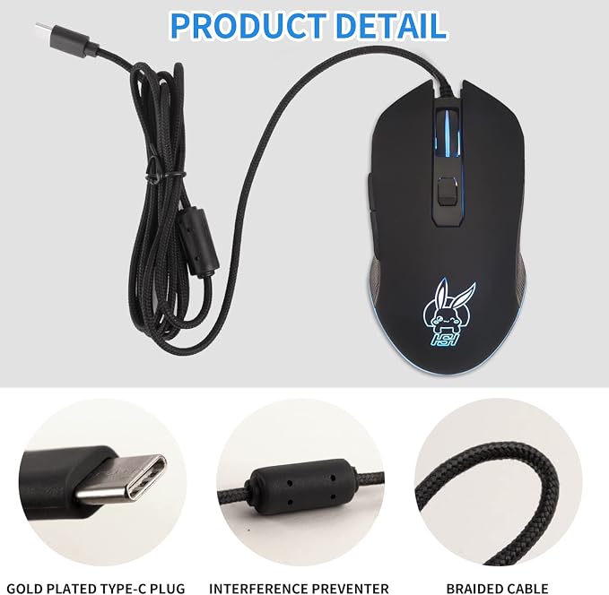 IULONEE USB Type C Wired Mouse 2400 DPI Gaming Mice for Office Home Black | Wired Mouse Ergonomic 7 Backlight 6 Buttons Silent Compatible with Windows PC, Laptop, Computer and More USB Type C Devices