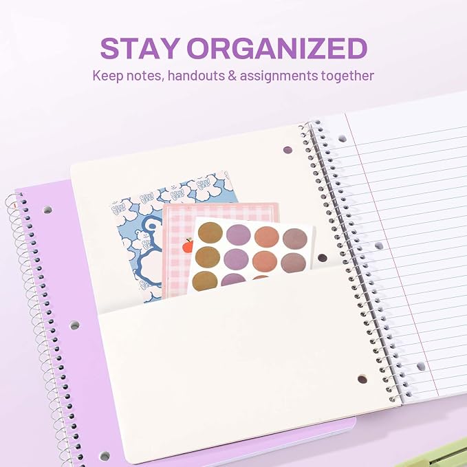 SUNEE Spiral Notebook, 1-Subject, Wide Ruled Paper, 8" x 10-1/2", 100 Sheets per Notebook, 3-Hole Punched Paper, Water Resistant Cover, Double-sided Pockets, Spiral Lined Notebooks for School, Purple