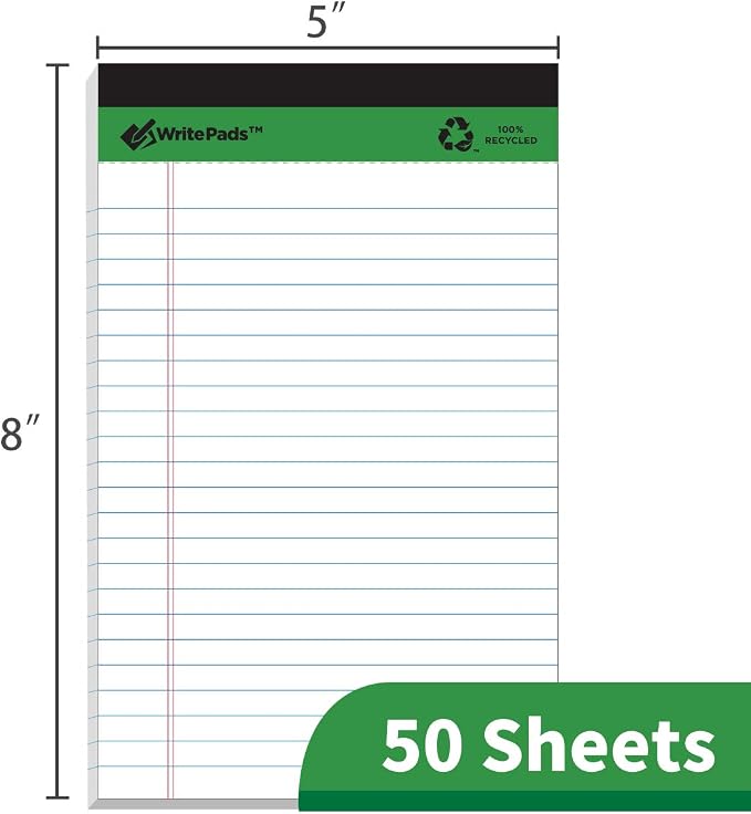 KAISA Small Legal Pads With Rigid Chipboard Back Support Thick Writing Pads Notepads 5"x8" Legal Pad 50sheets/Pad Perforated 20lb Recycled Paper Pads, 12pads,KSU-6924