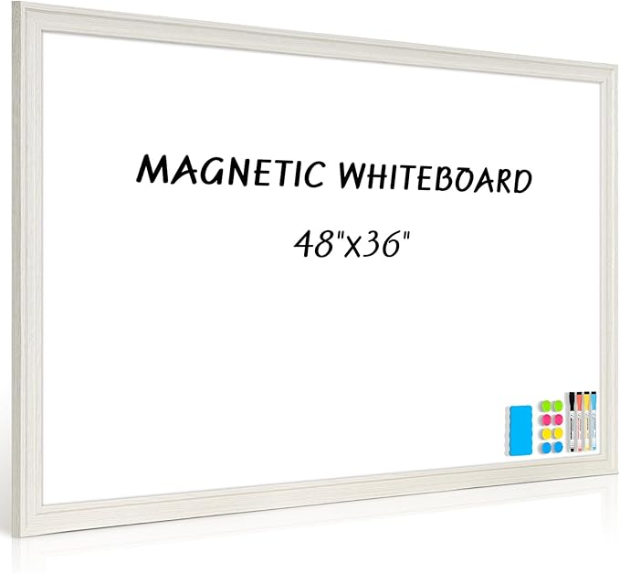 Large Dry Erase White Board for Wall, 48"x36", Vintage White Wooden Frame | Magnetic, Decorative Whiteboard, Wall Mounted, for Home, Office, Kitchen, Dorm, 4 Markers, 6 Magnets, A Eraser
