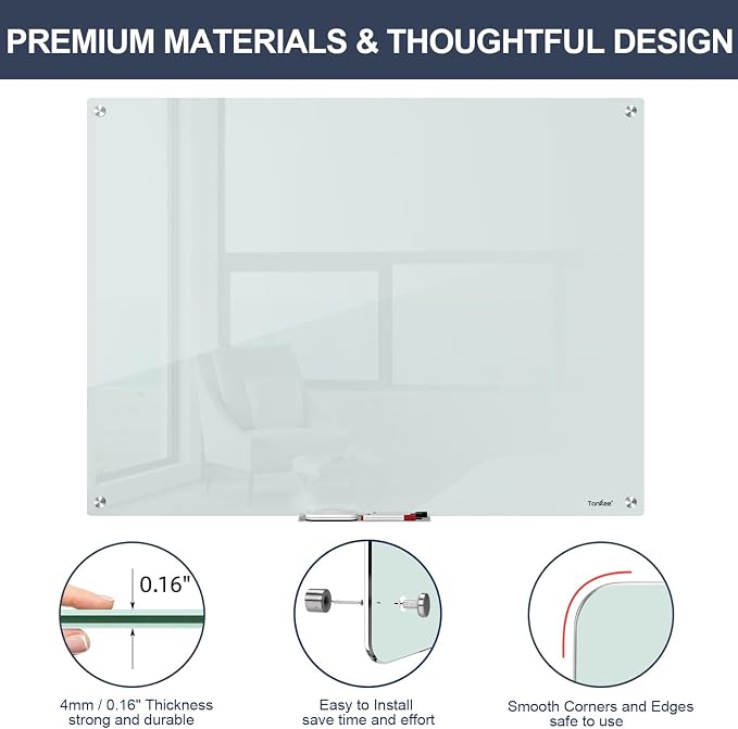 Glass Whiteboard 48x36 Magnetic White Board Dry Erase Board for Wall | Magnetic Surface, Dry Erase, Large Frameless Glass Whiteboard, Ideal for Office Home School Classroom Kitchen