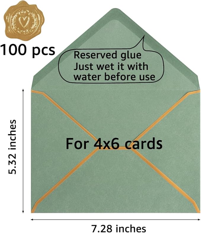 100 Pack A7 Envelopes 5 x 7 Card Envelopes V Flap with Gold Border for Office, Wedding Gift Cards, Invitations, Graduation, Baby Shower, Parties (Sage-Green, 5.32 x 7.28 Inches)