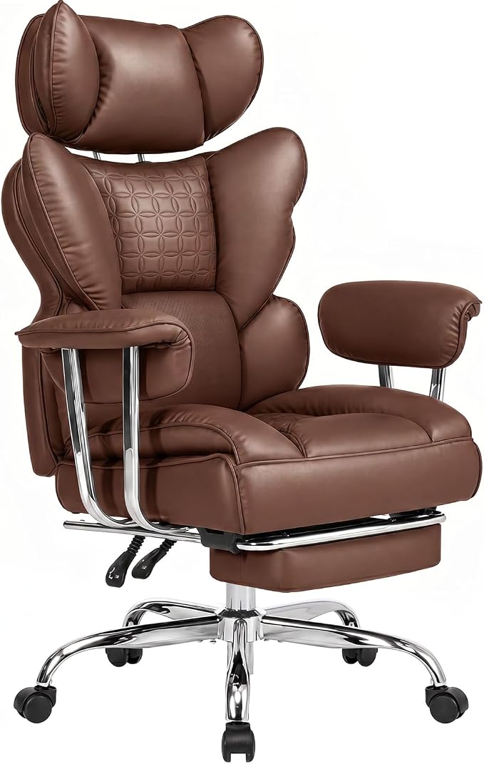 DUMOS Big and Tall Home Office Desk Chair, Executive Chair with Footrest | Scratch-Resistant PU Leather, Ergonomic Reclining, Pocket Spring Support, 400 LBS Weight Capacity, Brown
