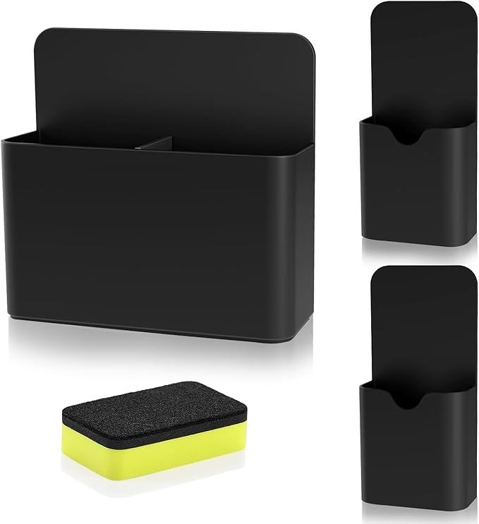 MoKo Magnetic Pen Holder Set, 3-Pack with Eraser, Black | Magnetic dry erase marker holder set has one large divided organizer, two small holders and one eraser.