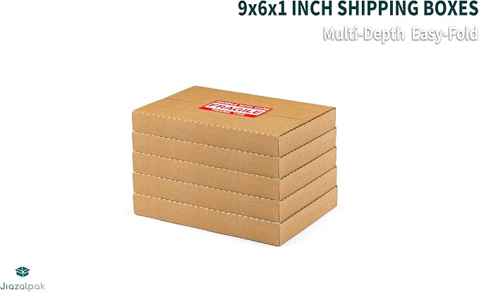 9x6x1 Inch Shipping Boxes for DVDs, CDs, Books Mailing, 25 Pack | Multi-Depth, Easy-Fold, Corrugated Cardboard, Includes Fragile Stickers, Brown