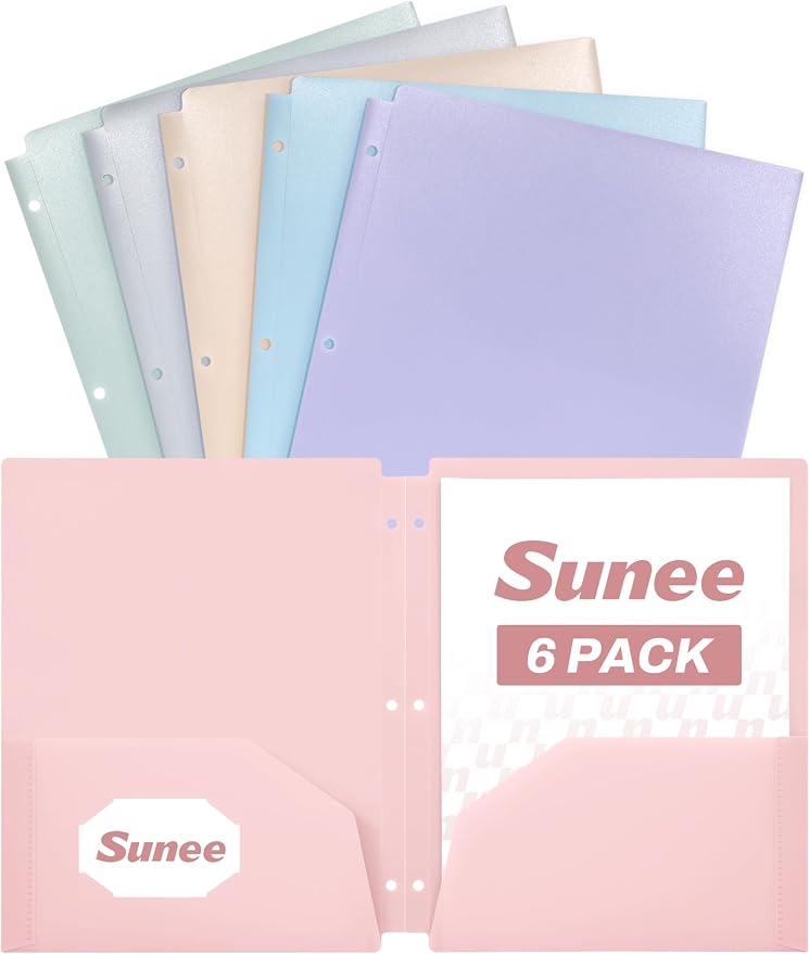 SUNEE 3 Hole Pocket Folders (6 Pack, Pastel Color), Plastic Pocket Folders for 3 Ring Binder, 3-Hole Punched Folder with Pockets, for Kids, Students, Teachers, Office Staff