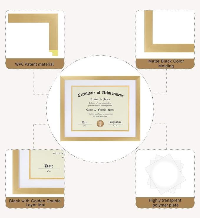 ELSKER&HOME 8.5 x 11 Certificate Frame - Classic Gold Color Frame - Displays Diploma 8.5x11 Inch with Mat - 11x14 Inch Without Mat - For Document/Photo(Double Mat - Matte White with Gold Rim)