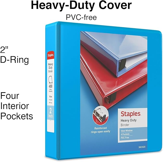 Staples Heavy-Duty 2-Inch D-Ring View Binder, Reinforced Spine, Holds Up to 450 Sheets, Light Blue, for Office & School