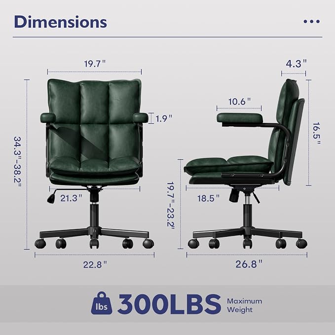Mid Century Modern Desk Chair, Vintage Leather Office Chair, Green | Petite Computer Chair for Small to Medium Women, Thickened Back, Cozy Seat, Adjustable Height for Home