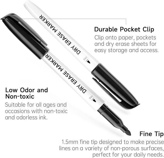Dry Erase Markers, Lineon 60 Bluk Pack Black Whiteboard Markers with 2 Eraser, Fine Point Dry Erase Markers Perfect For Writing on Whiteboards, Dry-Erase Boards,Mirrors for School Office Home