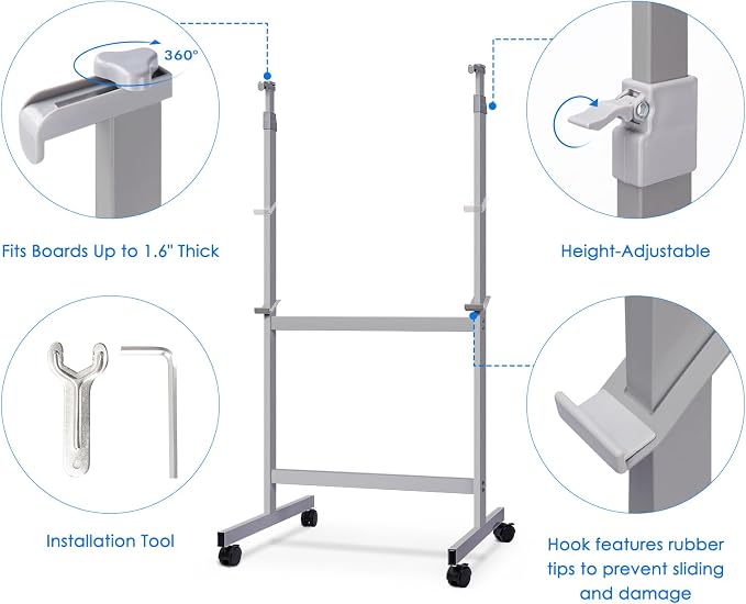Maxtek Mobile Whiteboard Stand with Wheels, Stand Only, No Drill (Grey) | Height Adjustable Dry Erase Boards, No Drill Setup, Rolling Easel Frame for Home, Office, Homeschool,Classroom