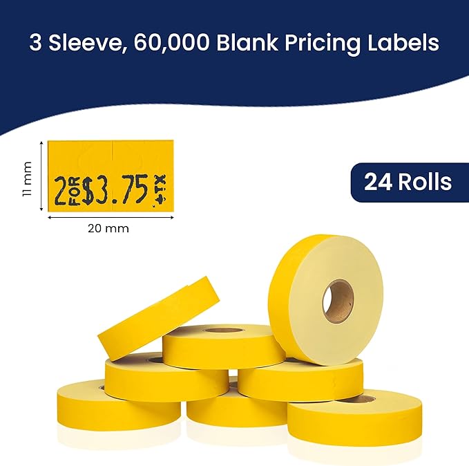 Yellow Pricing Labels for Monarch 1131 Price Gun – 3 Sleeves, 24 Rolls Value Pack - 60,000 Price Marking Labels – with Ink Rolls Included
