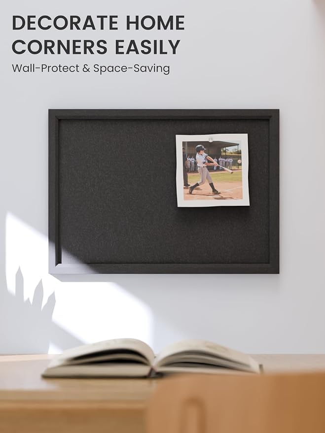 Fluxynara 15.7" x 11.8" Felt Frame Bulletin Board, Black | Cork Board Alternative with 12 Removable Adhesive Tabs, Foldable Pin Board for Wall, Home, Office, Classroom & Dorm