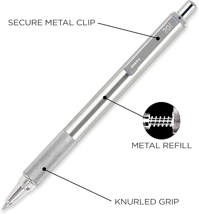 Zebra Pen STEEL F-701 Retractable Ballpoint Pen, Black Ink, 0.8mm, 1-Pack | Built for Tactical / EDC Use, Stainless Steel from Tip to Clip, Knurled Grip, Heavy-Duty Construction, Fine Point Tip (29411)