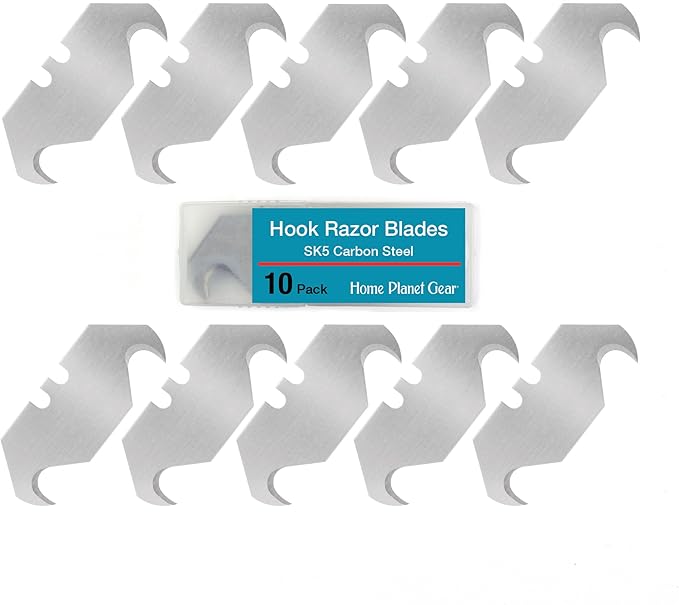 Hook Blade 10 Pack - Utility Knife Hooked Razor Blades in Storage Box - Heavy Duty SK5 Replacement Refills for Carpet, Roofing Knife, Box Cutter