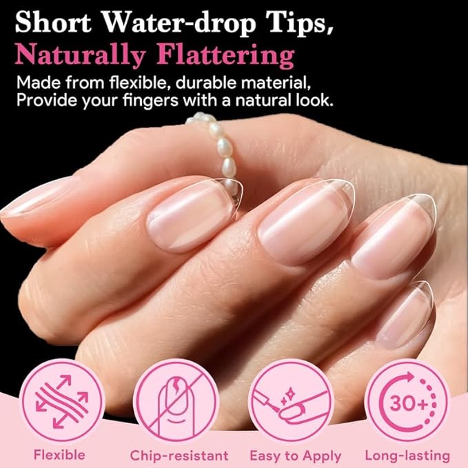 Short Water-drop False Nail Tips, 15 Sizes 510 PCS Clear Soft Press On Fake Nail Pre-shaped Half Matte Full Cover Gel Nail Tips Extensions Strong Long Lasting for DIY Beginners & Salon Manicure