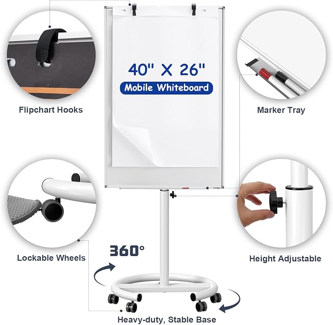 Mobile Whiteboard 40x26 Inches White Board Dry Erase Board on Wheels | Height Adjustable, Magnetic Surface, Dry Erase, With Stand, Ideal for Classroom, Office, School, Home, Homeschooling, Teacher