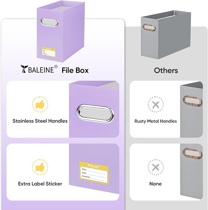 BALEINE File Organizer Box, Cardboard File Folder Organizer with Handle for Letter Size, Portable Collapsible Hanging Filing Box for Home Office Document Storage (2 Pack, Lavender)