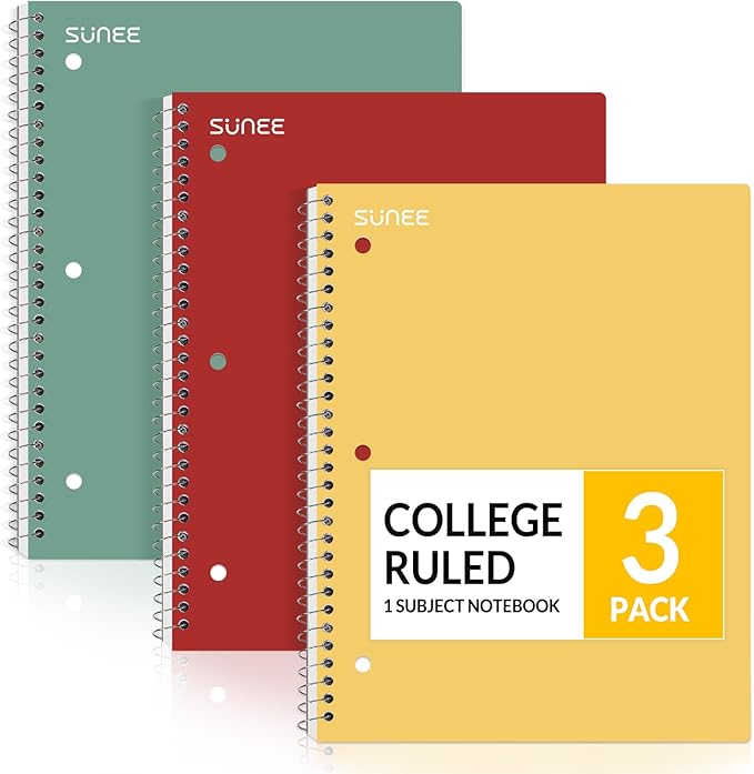 SUNEE Spiral Notebooks, 3 Pack, 1-Subject, College Ruled Paper, 8" x 10-1/2", 70 Sheets per Notebook, Assorted Colors Spiral Notebooks for School (Yellow, Red, Sage Green)