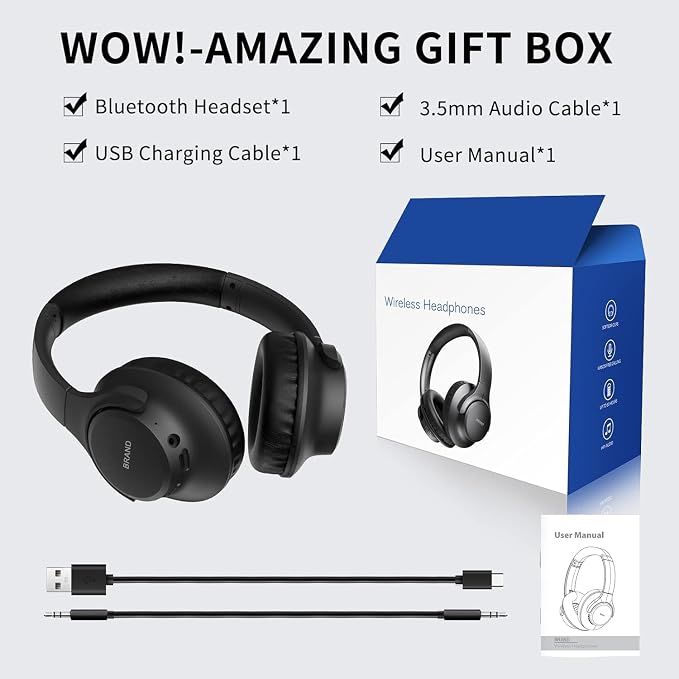 KVIDIO Bluetooth Headphones Wireless Over Ear Headsets 65H Playtime | Deep Bass, HiFi Stereo, Bluetooth 6.0, Microphone, Comfortable Fit, Foldable, Lightweight, Low Latency for Travel Home Office