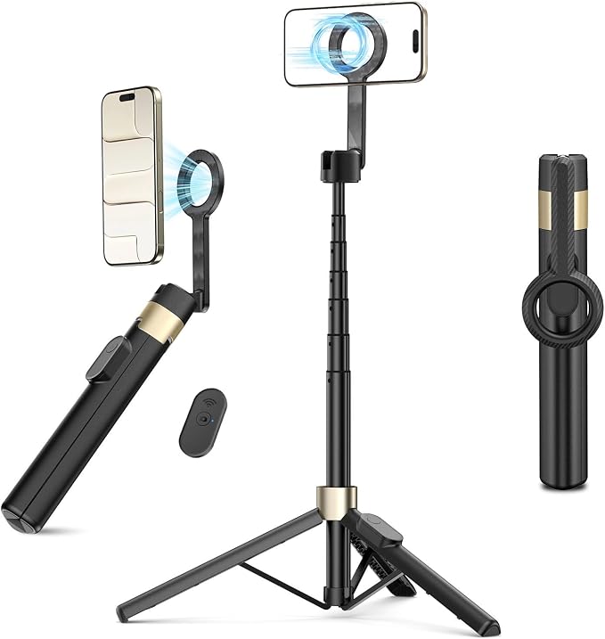Vimose Magnetic Tripod for iPhone, Selfie Stick Monopod Tripod for Magsafe, 360° Rotatable Travel Tripod Heads Cell Phone Stand with Metal Ring & Remote, Compatible with iPhone Android, 60"