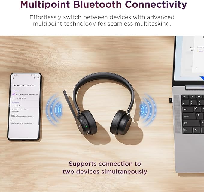 Lenovo Wireless VoIP Headset Teams Certified, Noise-Canceling Mic, Bluetooth 5.3 Multipoint, USB-A Receiver, 31-Hour Talk & 60-Hour Playback, Lightweight Over-Ear Design, Replaceable Earcups