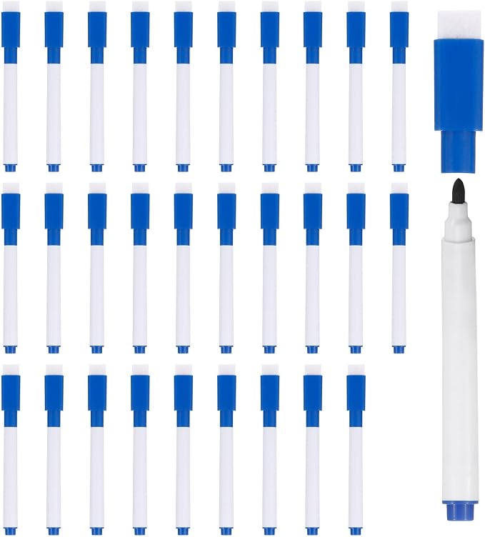 PATIKIL Dry Erase Marker Pens Dark Blue Ink Point with Eraser Cap 30Pcs | Marker Pens with Eraser Cap for Office Home Classroom, White Pen Rod