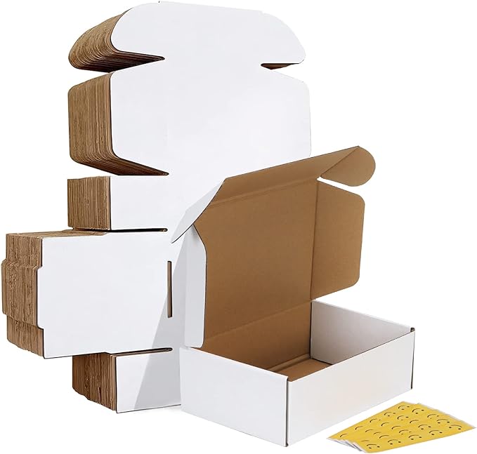 HORLIMER 9x6x3 inches Shipping Boxes Set of 25, White Corrugated Cardboard Box Literature Mailer, 25 Stickers Included