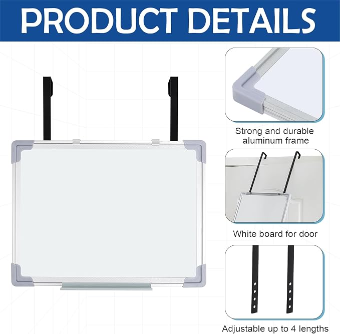 16 x 12 Inch Over the Door Whiteboard Hanging Dry Erase Board for Door 4 Adjustable Heights Aluminum Frame Small White Board for Dorm Home Office Cubicle Wall, Horizontal Vertical Installation