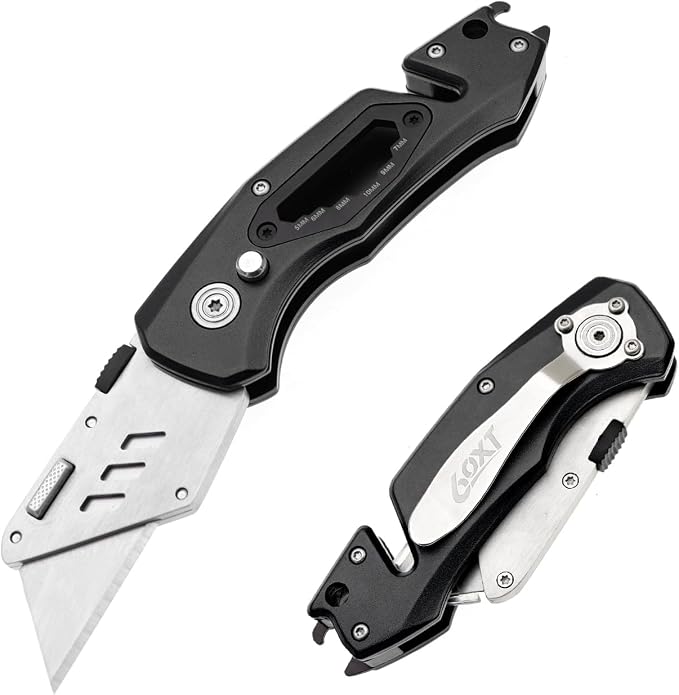 Utility Knife Folding Safety Lock Quick Change with 10 Extra SK5 Replacement Blade Lightweight Aluminum Handle & Pocket Clip Multi-Use Box Cutter Office Home Art Diy Great Gift Choice (Upg V. Black)
