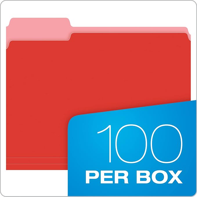 Pendaflex Colored File Folders Letter Size - 100 Pack of 12 Assorted Color Folders for Documents - 1/3-cut Tabs.