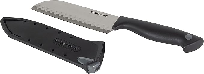 Farberware Edgekeeper 5-Inch Santoku Knife with Self-Sharpening Blade Cover, High Carbon-Stainless Steel Kitchen Knife with Ergonomic Handle, Razor-Sharp Knife, Black