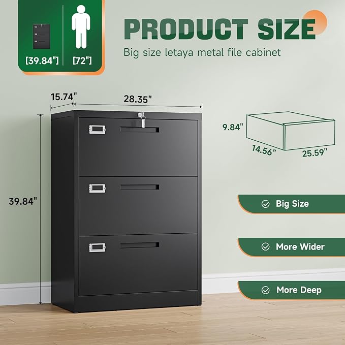 3 Drawer File Cabinets with Lock,Metal Lateral Filing Storage Cabinet Printer Stand,Black Steel Home Office Cabinet for Hanging Files Letter/Legal/A4 Size (Black, H39.84×W28.35×D15.74)