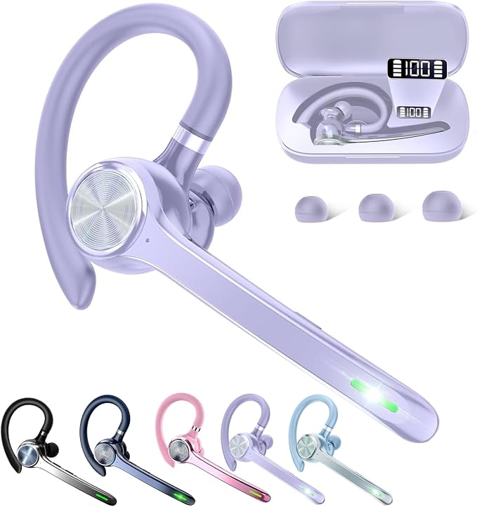 HEIBAS Bluetooth Headset, Wireless Earpiece with Mic for Work | 72H Playtime, 500mAh Charging Case, Hands-Free Calling with Mute Button for Work, Trucker, Office, Driving, Lilac Purple